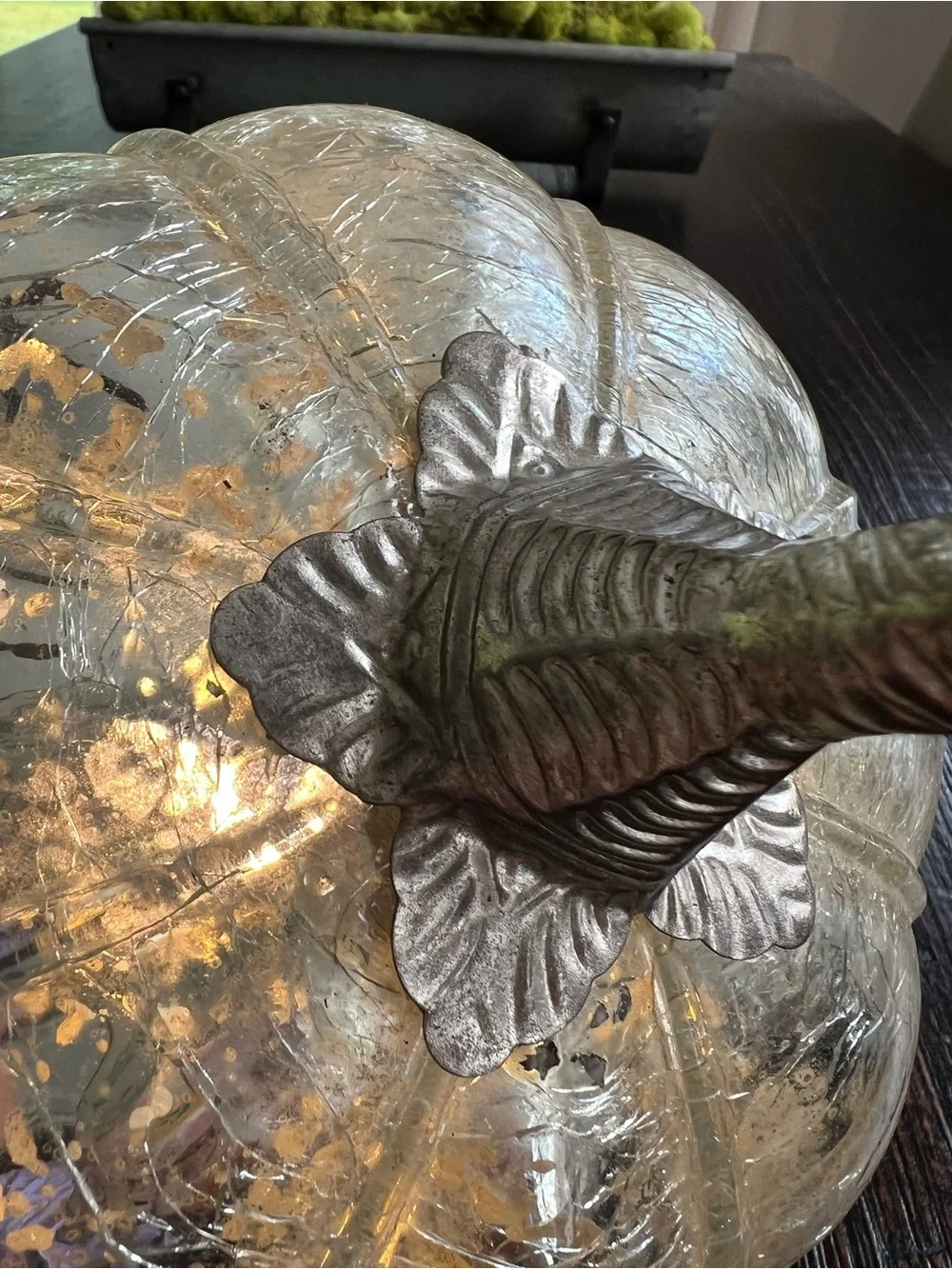 Mercury Crackle Glass Pumpkin Decoration, Silver Tone Metal Stem